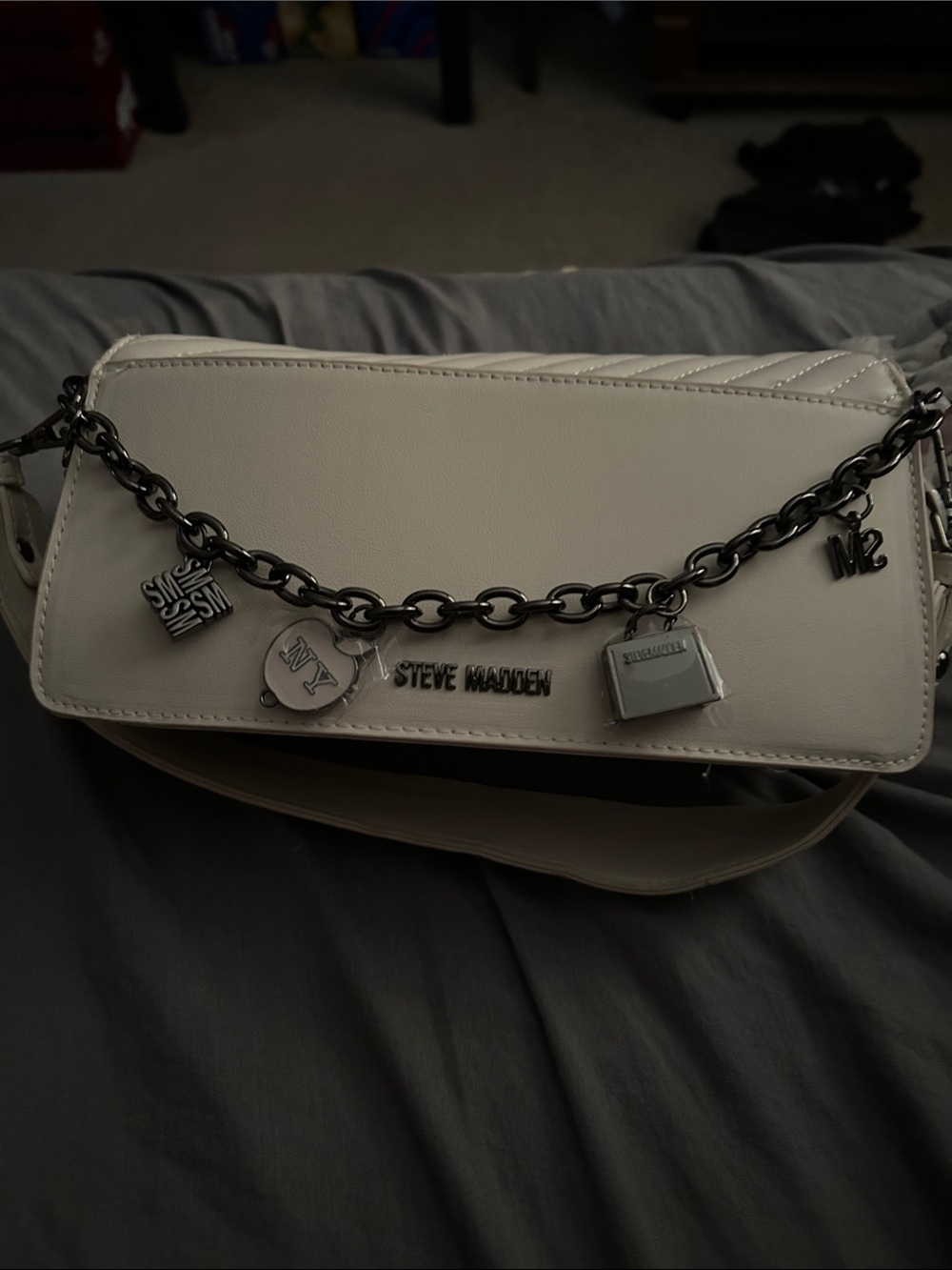 Steve Madden Cream Shoulder Bag with Charm Chain